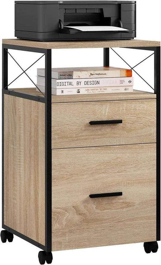 24goodz Rolling Storage Cabinet - Versatile Storage Solution - Durable E1 Wood and Metal - For Home and Office - Light Oak