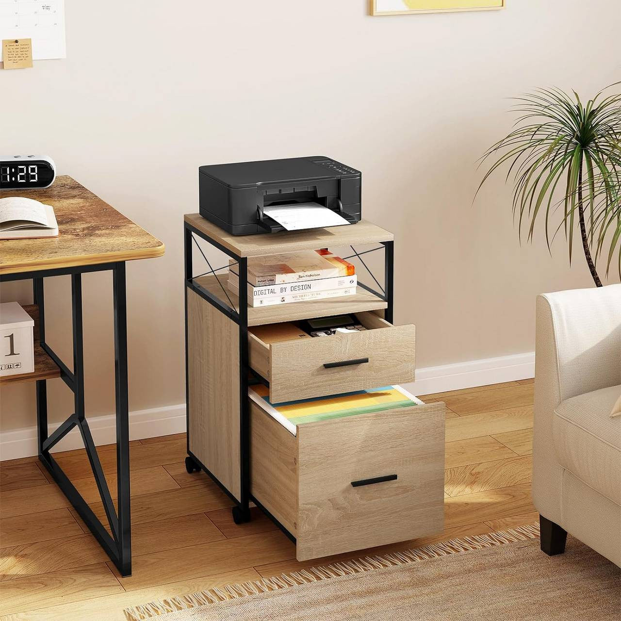 24goodz Rolling Storage Cabinet - Versatile Storage Solution - Durable E1 Wood and Metal - For Home and Office - Light Oak