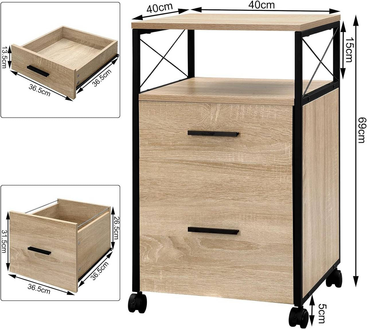 24goodz Rolling Storage Cabinet - Versatile Storage Solution - Durable E1 Wood and Metal - For Home and Office - Light Oak