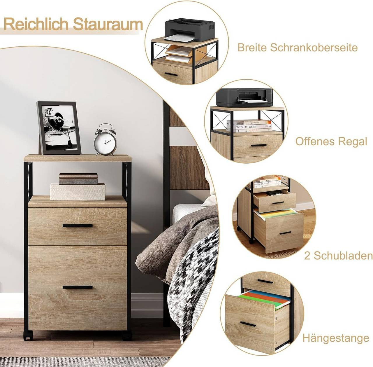 24goodz Rolling Storage Cabinet - Versatile Storage Solution - Durable E1 Wood and Metal - For Home and Office - Light Oak