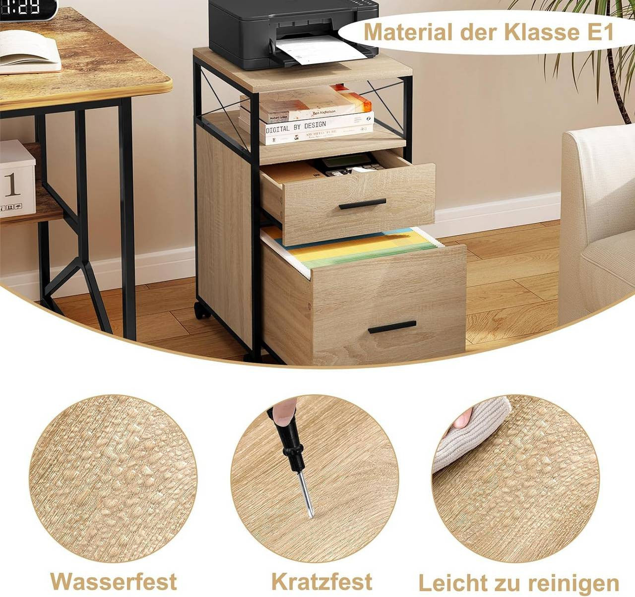 24goodz Rolling Storage Cabinet - Versatile Storage Solution - Durable E1 Wood and Metal - For Home and Office - Light Oak