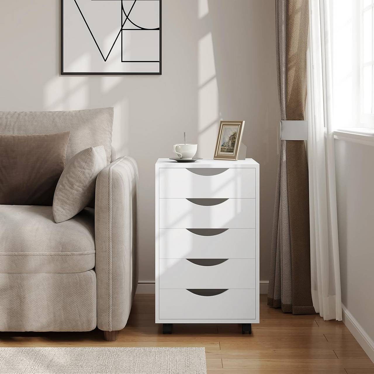 24goodz Rolling Storage Cabinet with 5 Drawers - Ample Storage Space - Durable Wood with Melamine Finish - For Home and Office - White