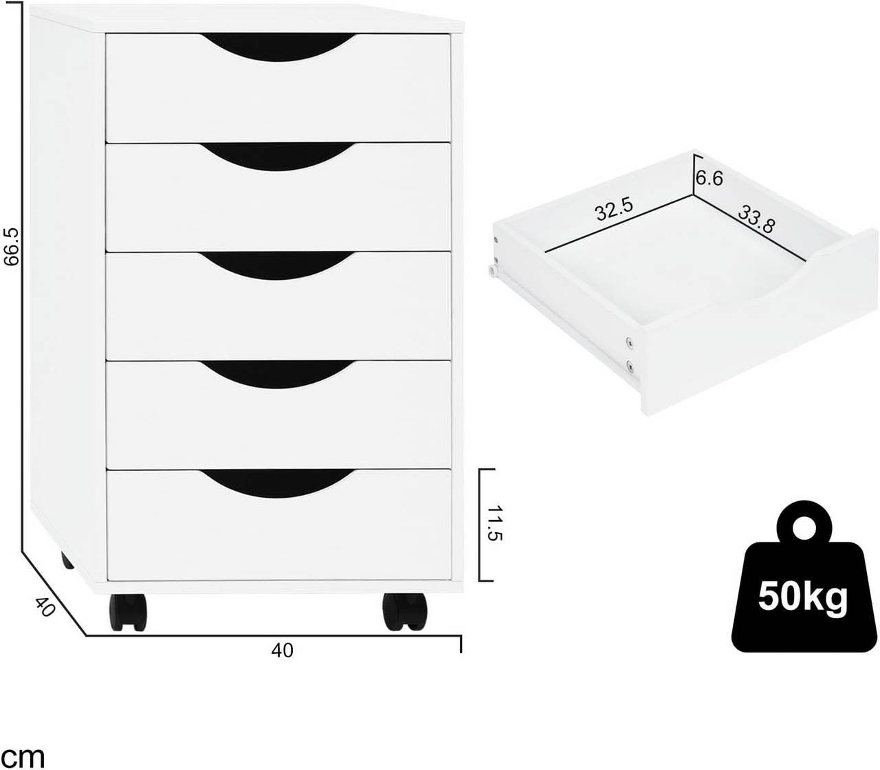 24goodz Rolling Storage Cabinet with 5 Drawers - Ample Storage Space - Durable Wood with Melamine Finish - For Home and Office - White