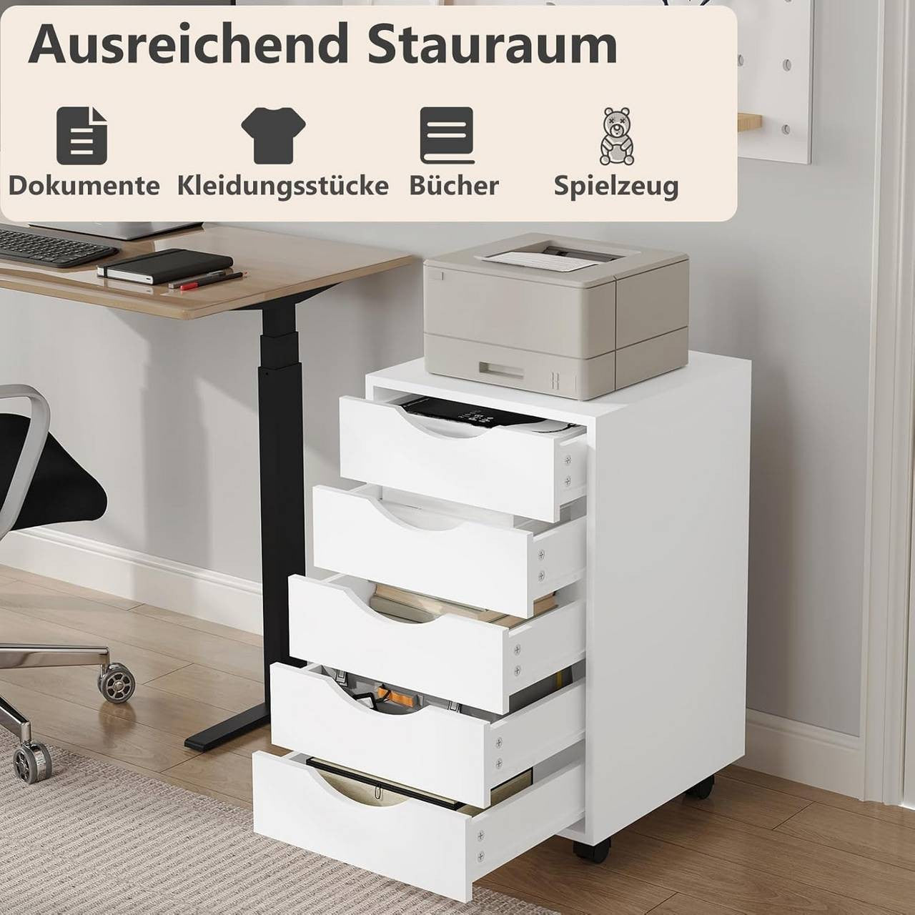 24goodz Rolling Storage Cabinet with 5 Drawers - Ample Storage Space - Durable Wood with Melamine Finish - For Home and Office - White