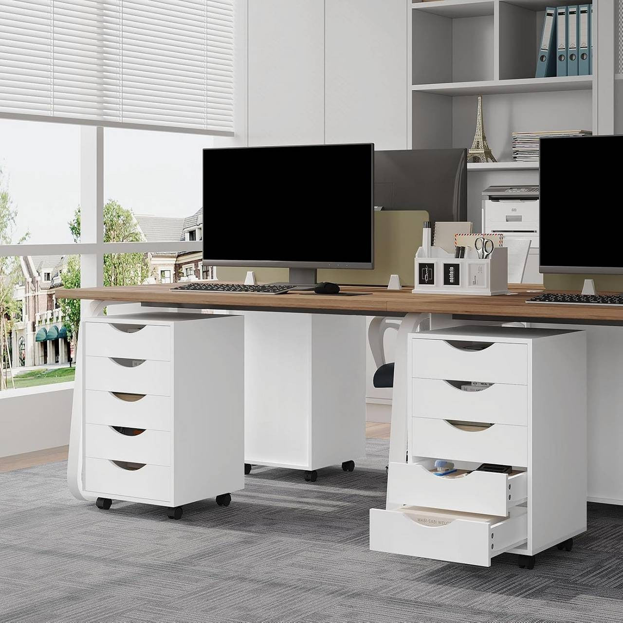 24goodz Rolling Storage Cabinet with 5 Drawers - Ample Storage Space - Durable Wood with Melamine Finish - For Home and Office - White