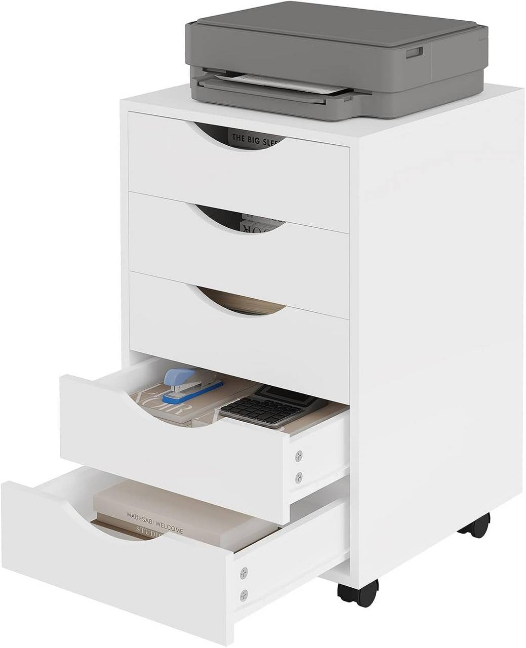 24goodz Rolling Storage Cabinet with 5 Drawers - Ample Storage Space - Durable Wood with Melamine Finish - For Home and Office - White