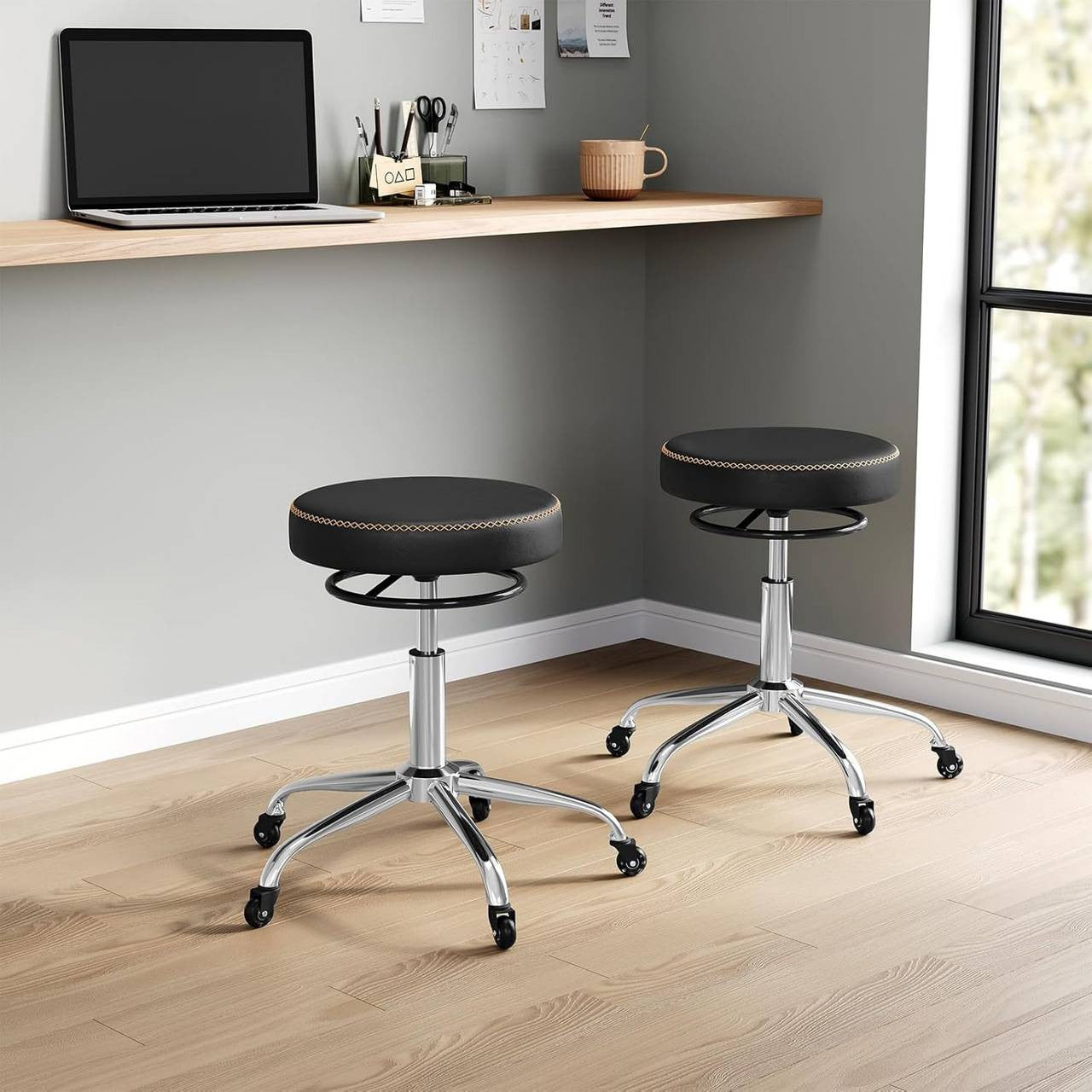 24goodz Adjustable Rolling Stool - Comfortable Memory Foam Seat - Ergonomic Design - PU Leather - For Home and Office - Black/White