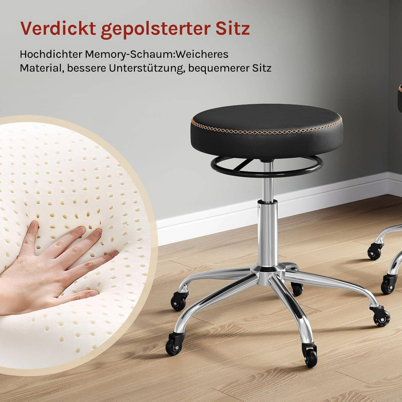 24goodz Adjustable Rolling Stool - Comfortable Memory Foam Seat - Ergonomic Design - PU Leather - For Home and Office - Black/White