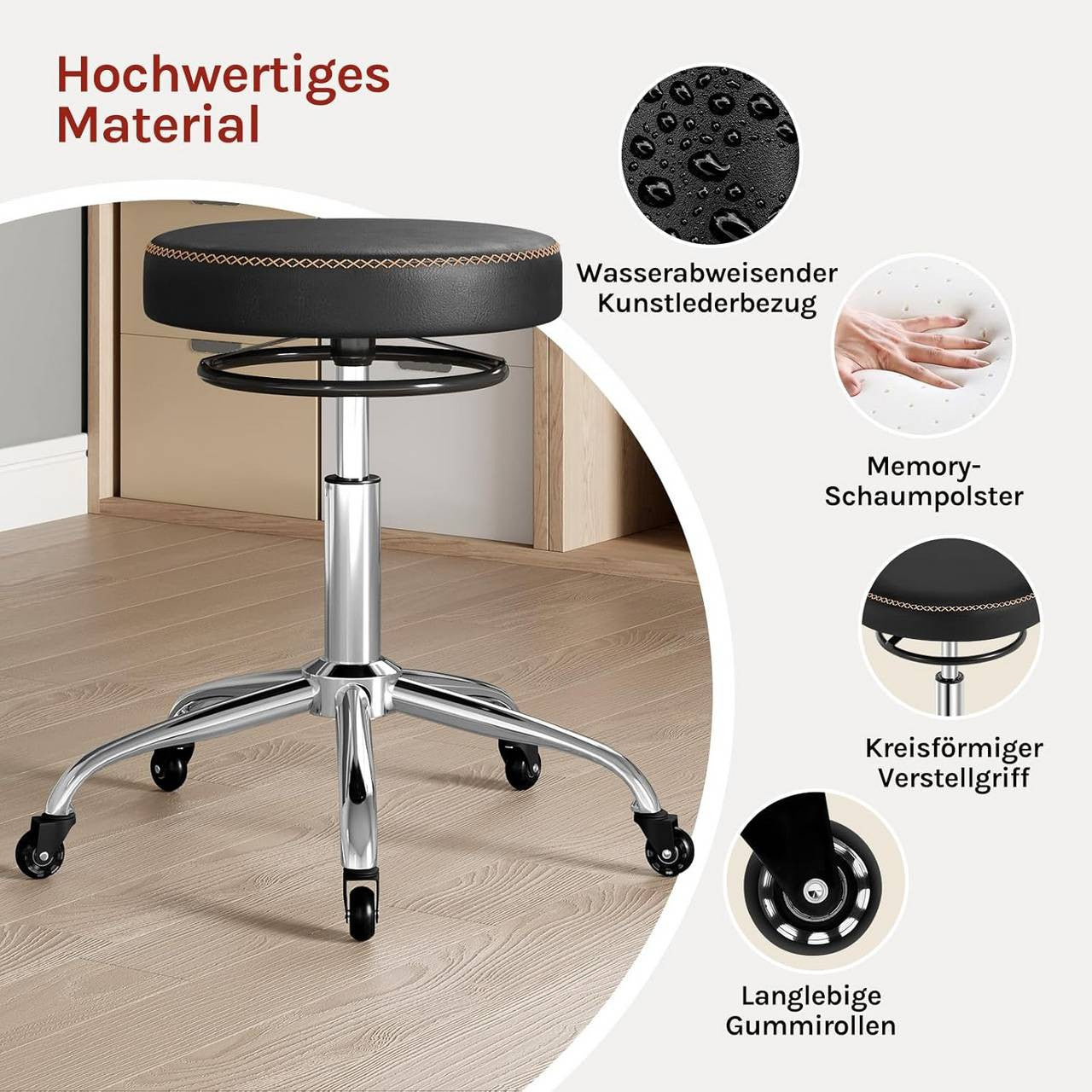 24goodz Adjustable Rolling Stool - Comfortable Memory Foam Seat - Ergonomic Design - PU Leather - For Home and Office - Black/White