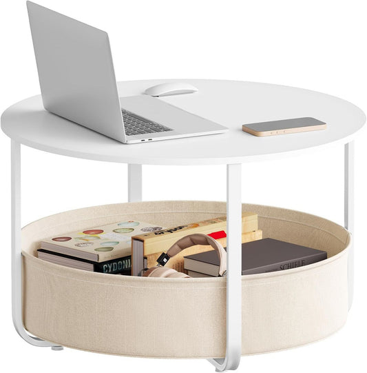 24goodz Round Coffee Table Ø 80 x H 50 cm - Multifunctional with Storage Basket - Melamine Coated Chipboard - For Living Rooms - White + Beige