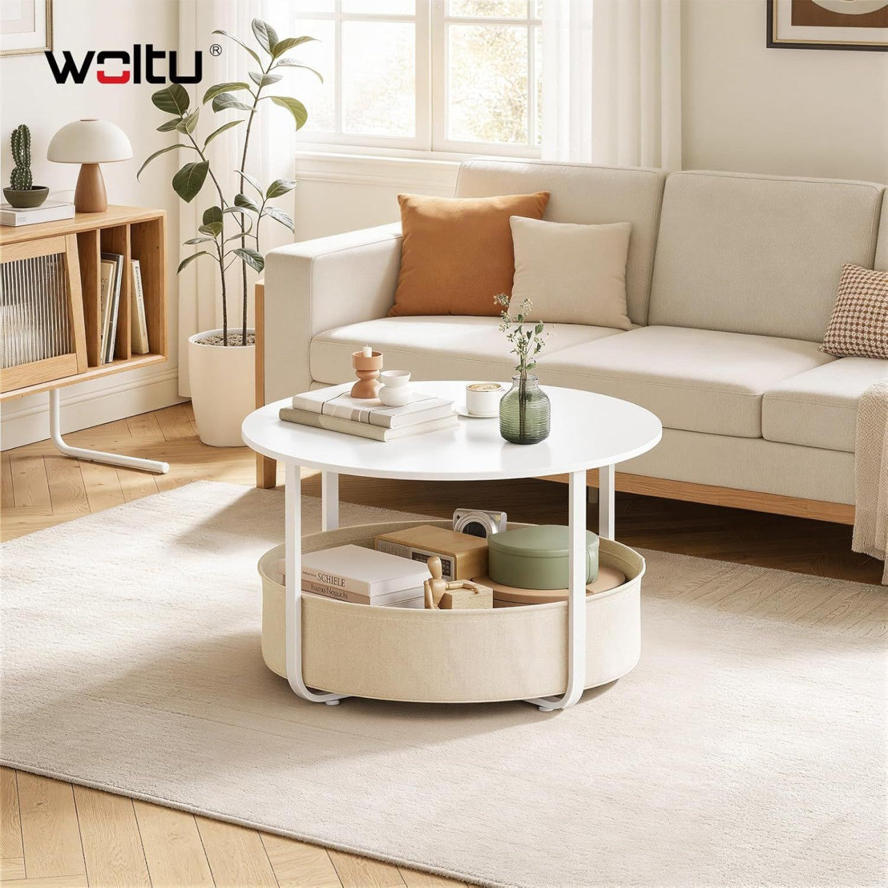 24goodz Round Coffee Table Ø 80 x H 50 cm - Multifunctional with Storage Basket - Melamine Coated Chipboard - For Living Rooms - White + Beige