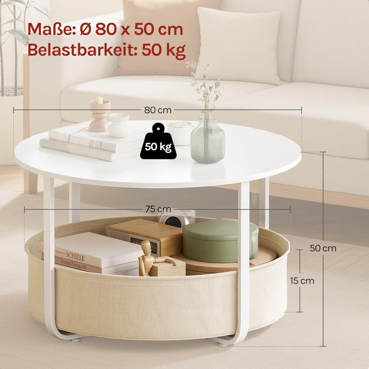 24goodz Round Coffee Table Ø 80 x H 50 cm - Multifunctional with Storage Basket - Melamine Coated Chipboard - For Living Rooms - White + Beige