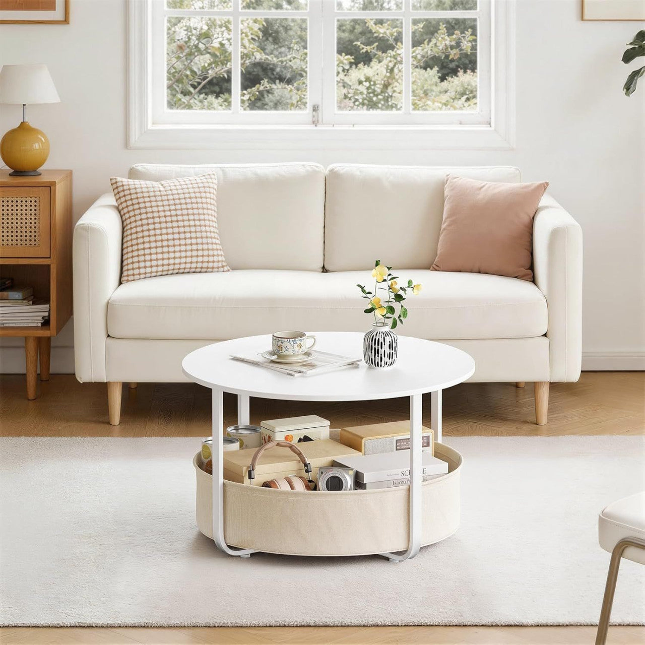 24goodz Round Coffee Table Ø 80 x H 50 cm - Multifunctional with Storage Basket - Melamine Coated Chipboard - For Living Rooms - White + Beige