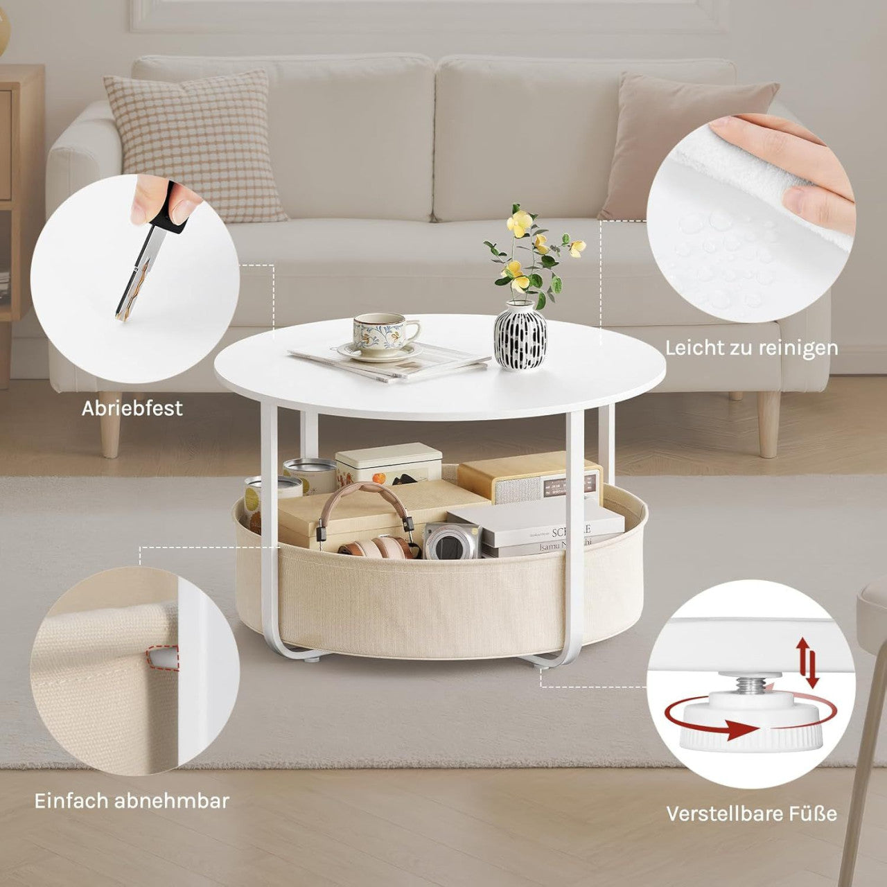 24goodz Round Coffee Table Ø 80 x H 50 cm - Multifunctional with Storage Basket - Melamine Coated Chipboard - For Living Rooms - White + Beige