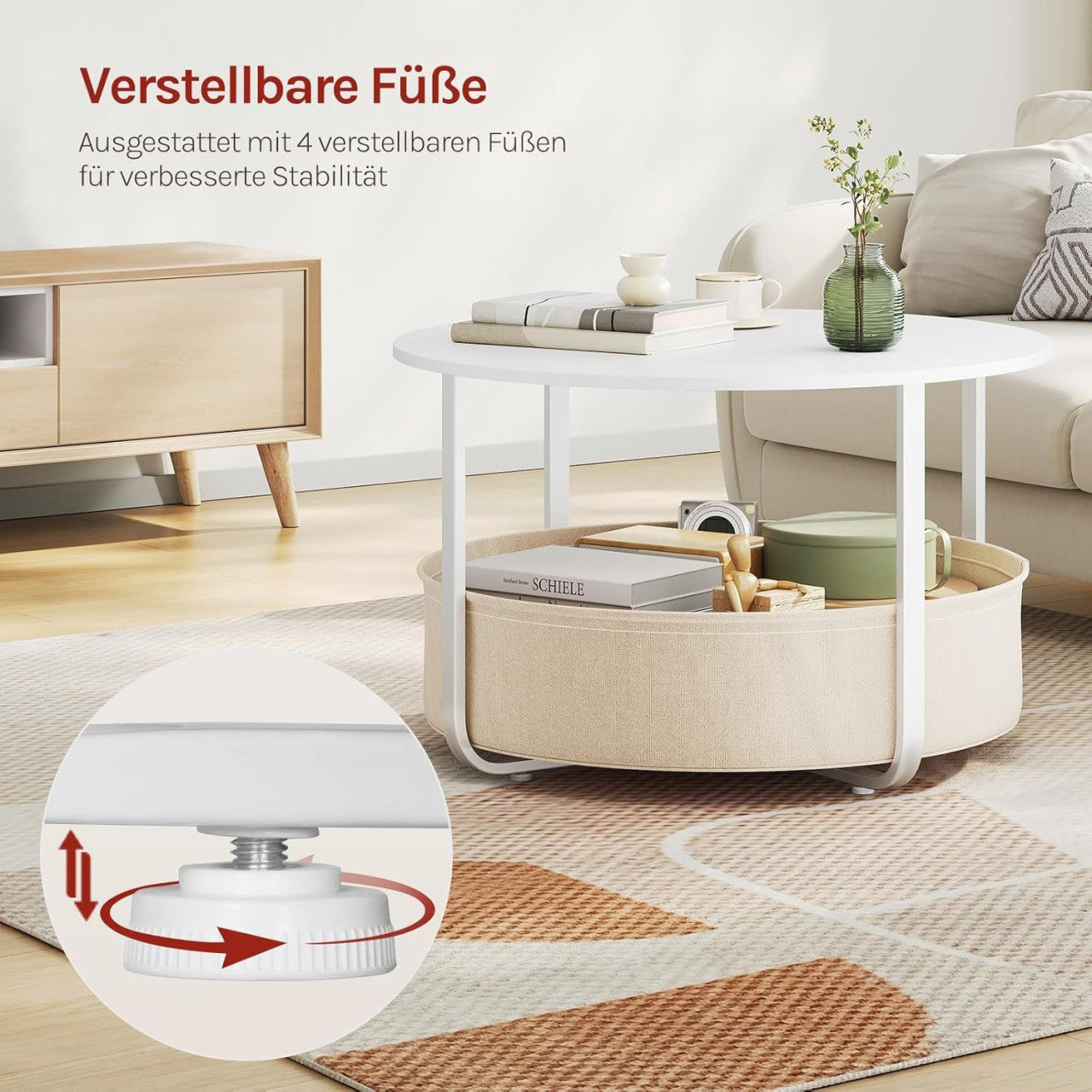 24goodz Round Coffee Table Ø 80 x H 50 cm - Multifunctional with Storage Basket - Melamine Coated Chipboard - For Living Rooms - White + Beige