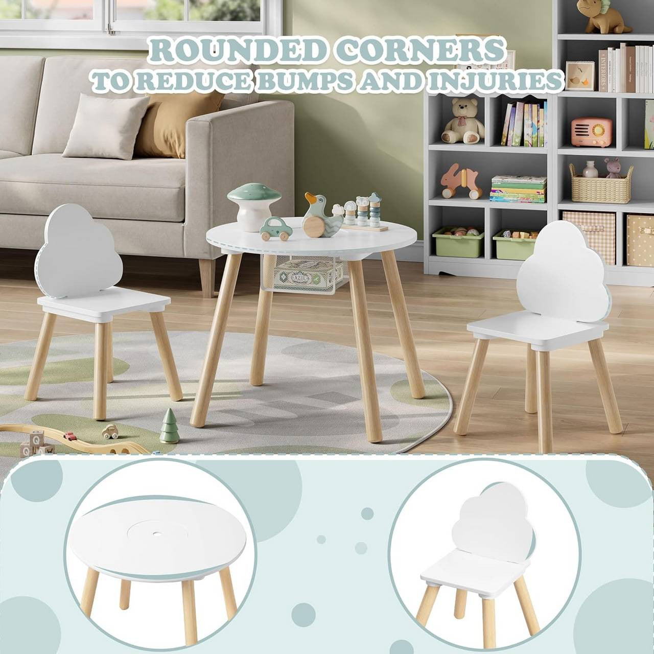 24goodz Round Kids Table with 2 Chairs - Montessori Design - Hidden Storage - MDF and Pine Wood - For Children - White + Light Oak