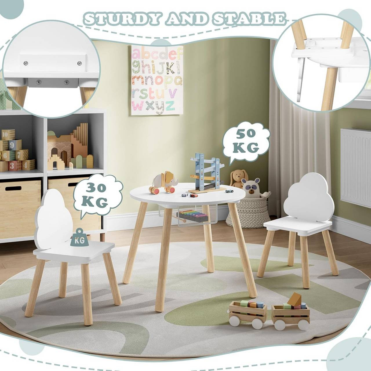 24goodz Round Kids Table with 2 Chairs - Montessori Design - Hidden Storage - MDF and Pine Wood - For Children - White + Light Oak
