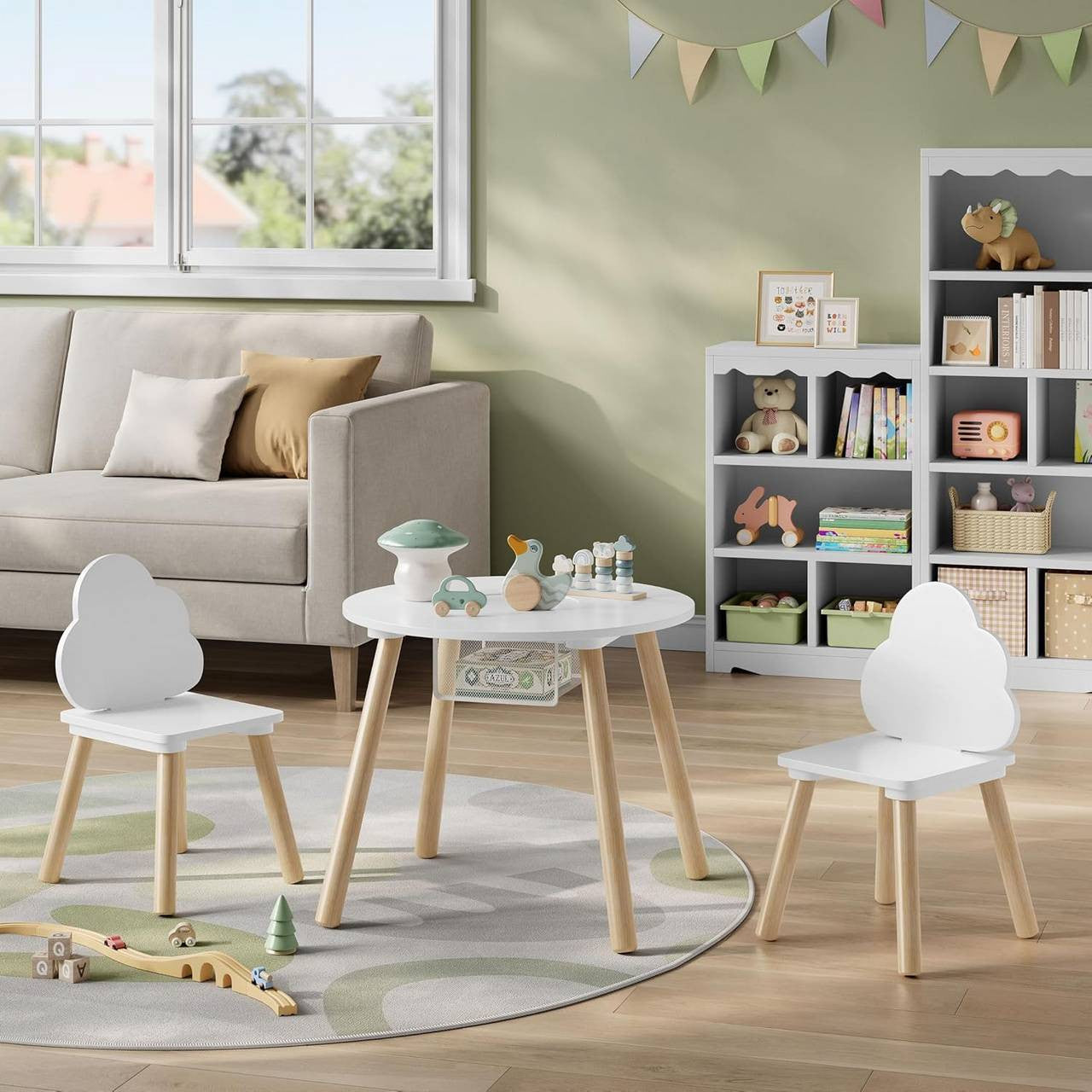 24goodz Round Kids Table with 2 Chairs - Montessori Design - Hidden Storage - MDF and Pine Wood - For Children - White + Light Oak