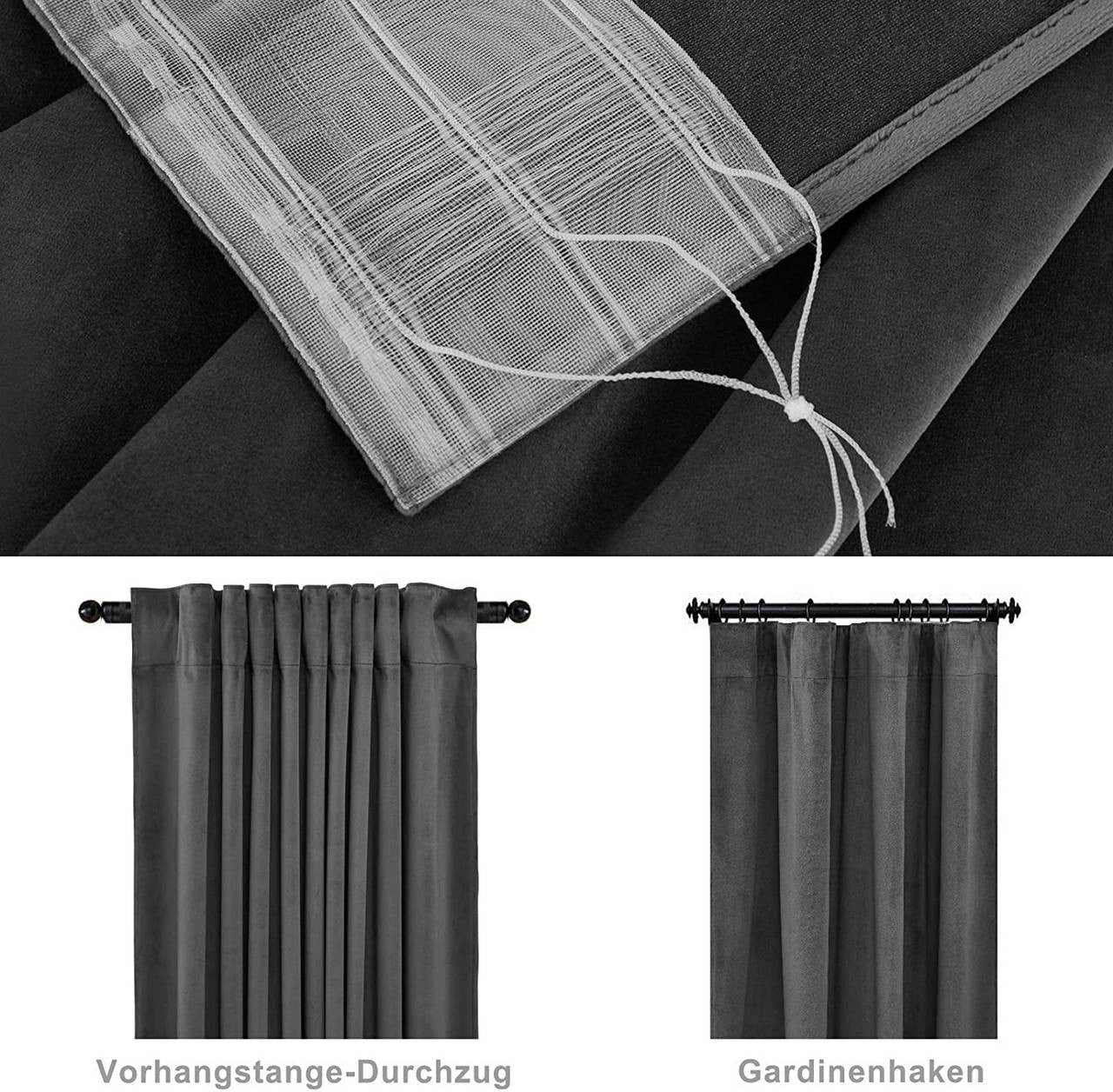 24goodz Blackout Curtain with Ruffles (2 Pieces) - Elegant Design - Thermal Insulation - 100% Polyester - Dark Grey - 140x225 cm