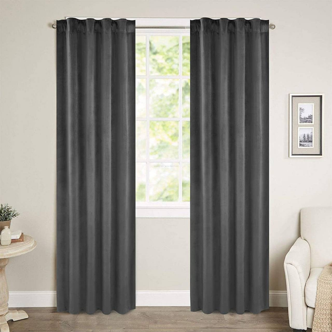 24goodz Velvet Blackout Curtain with Ruffles - High-Quality Insulating Fabric - 100% Polyester - For Every Room - Dark Grey - 140x225 cm