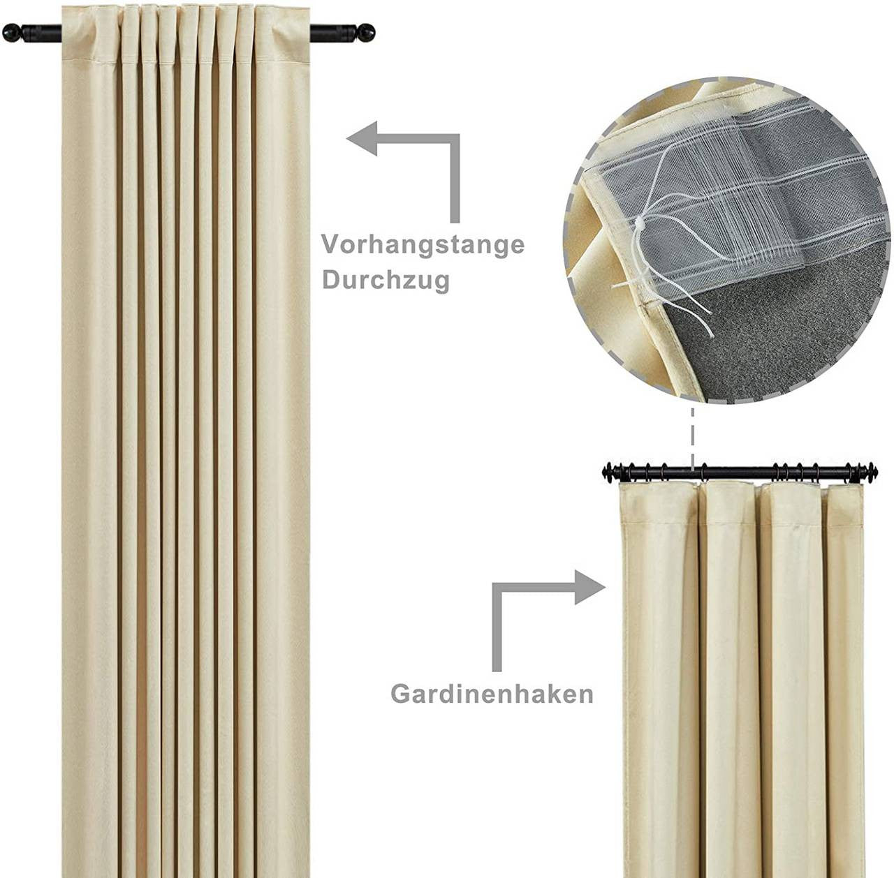 24goodz Velvet Blackout Curtain with Ruffles - Elegant Design - Insulating and Light-Blocking - 100% Polyester - Beige - 140 x 270 cm - hsd
