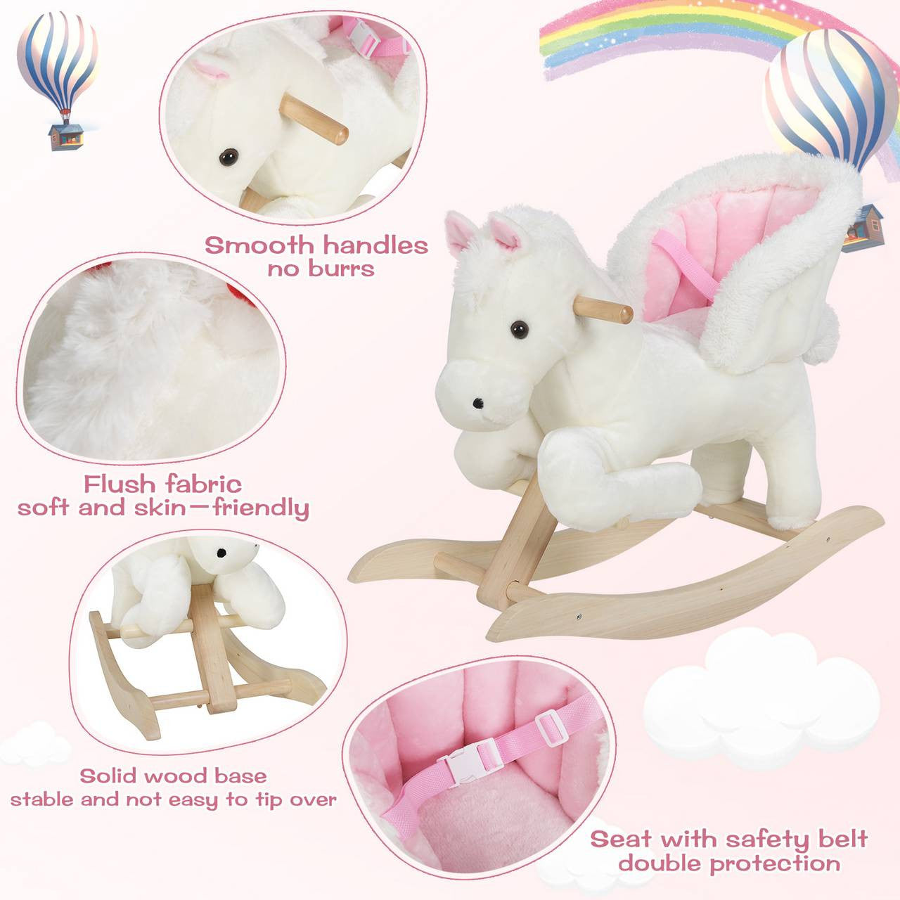 24goodz Rocking Horse with Animal Sounds and Handles - Safe and Comfortable Ride - Plush and Wood - For Children 18-36 Months - White + Pink