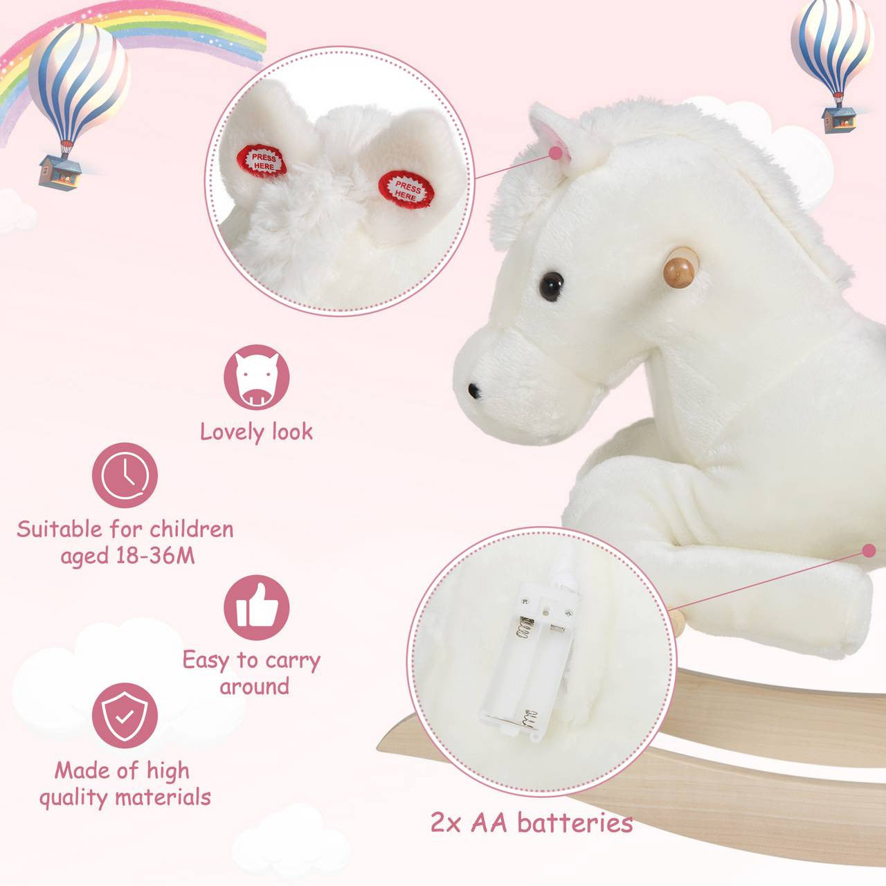 24goodz Rocking Horse with Animal Sounds and Handles - Safe and Comfortable Ride - Plush and Wood - For Children 18-36 Months - White + Pink