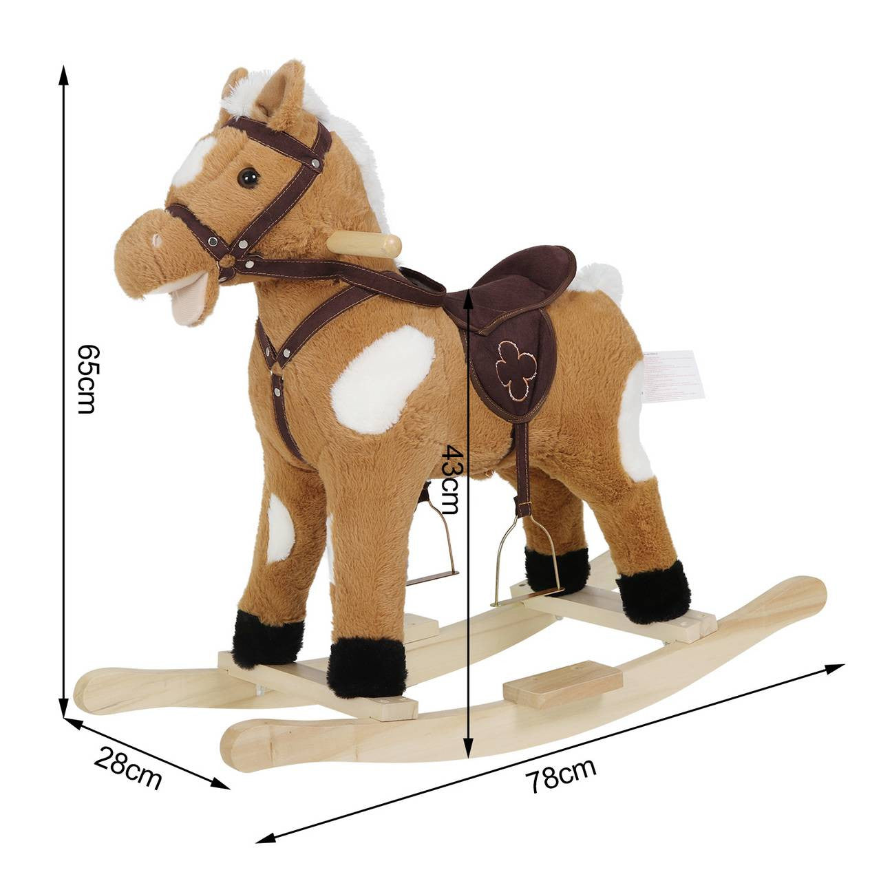 24goodz Rocking Horse Toy - Promotes Balance and Motor Skills - Plush and Solid Wood - For Children 18 to 36 Months - Brown + White + Wood Colour