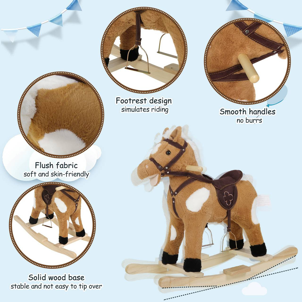 24goodz Rocking Horse Toy - Promotes Balance and Motor Skills - Plush and Solid Wood - For Children 18 to 36 Months - Brown + White + Wood Colour