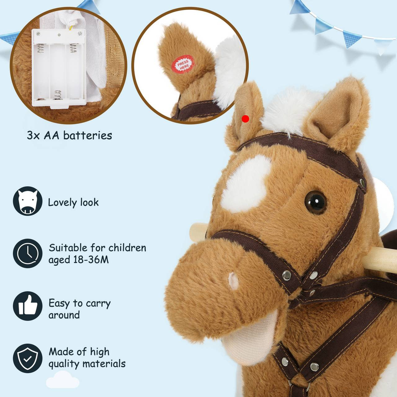 24goodz Rocking Horse Toy - Promotes Balance and Motor Skills - Plush and Solid Wood - For Children 18 to 36 Months - Brown + White + Wood Colour
