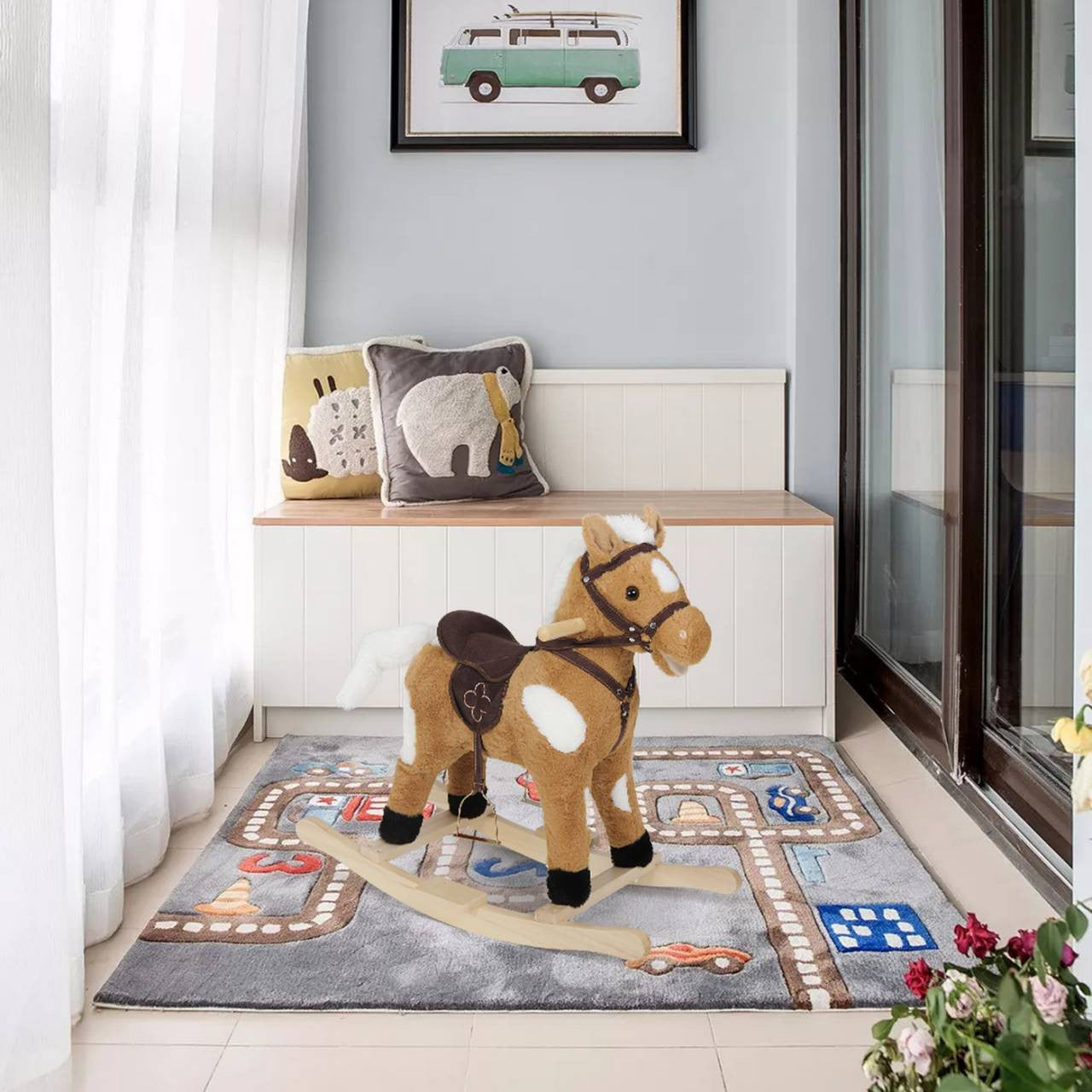 24goodz Rocking Horse Toy - Promotes Balance and Motor Skills - Plush and Solid Wood - For Children 18 to 36 Months - Brown + White + Wood Colour
