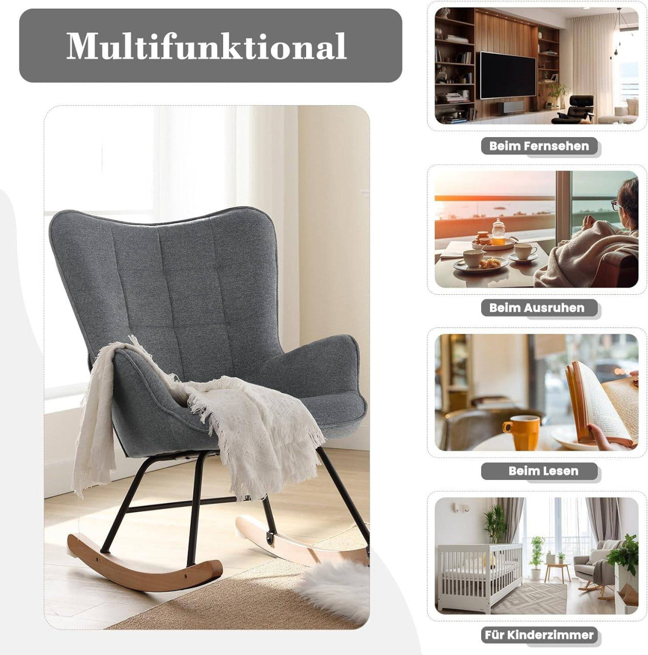 24goodz Rocking Chair - High Comfort - Ergonomic Design - Velvet - For Relaxation - Dark Grey