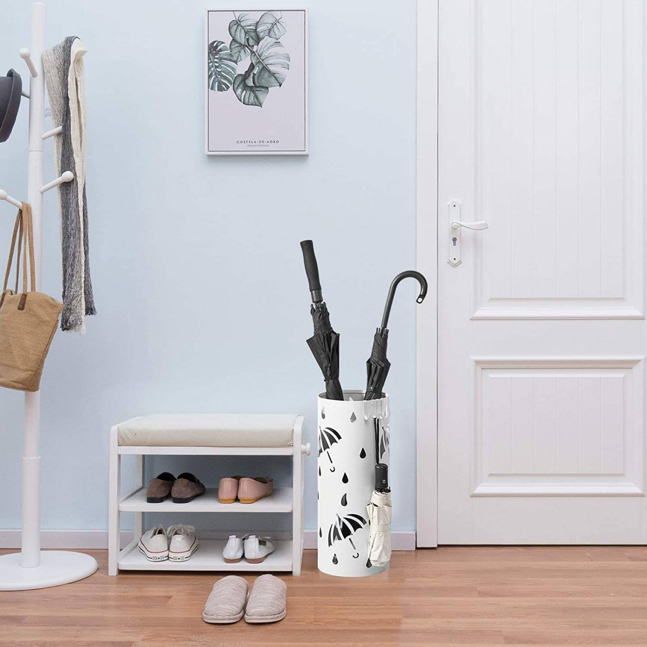 24goodz Umbrella Stand with Round Water Catchment - Large Storage Capacity - Durable Iron - For Home and Office - White - ws