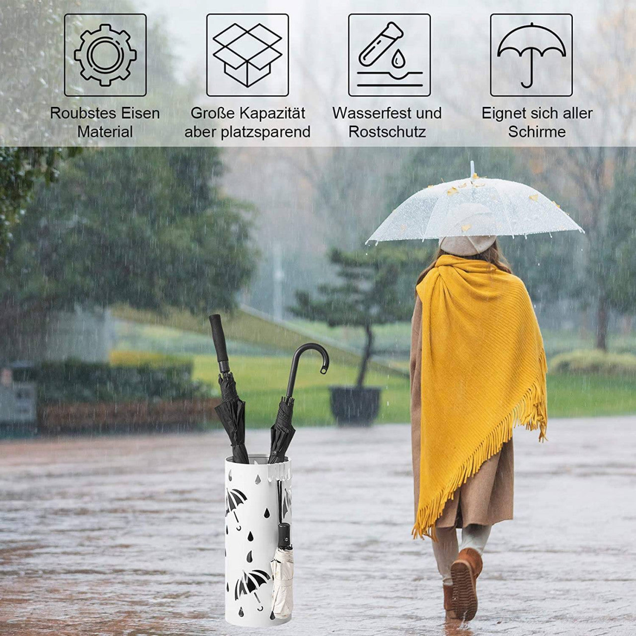 24goodz Umbrella Stand with Round Water Catchment - Large Storage Capacity - Durable Iron - For Home and Office - White - ws