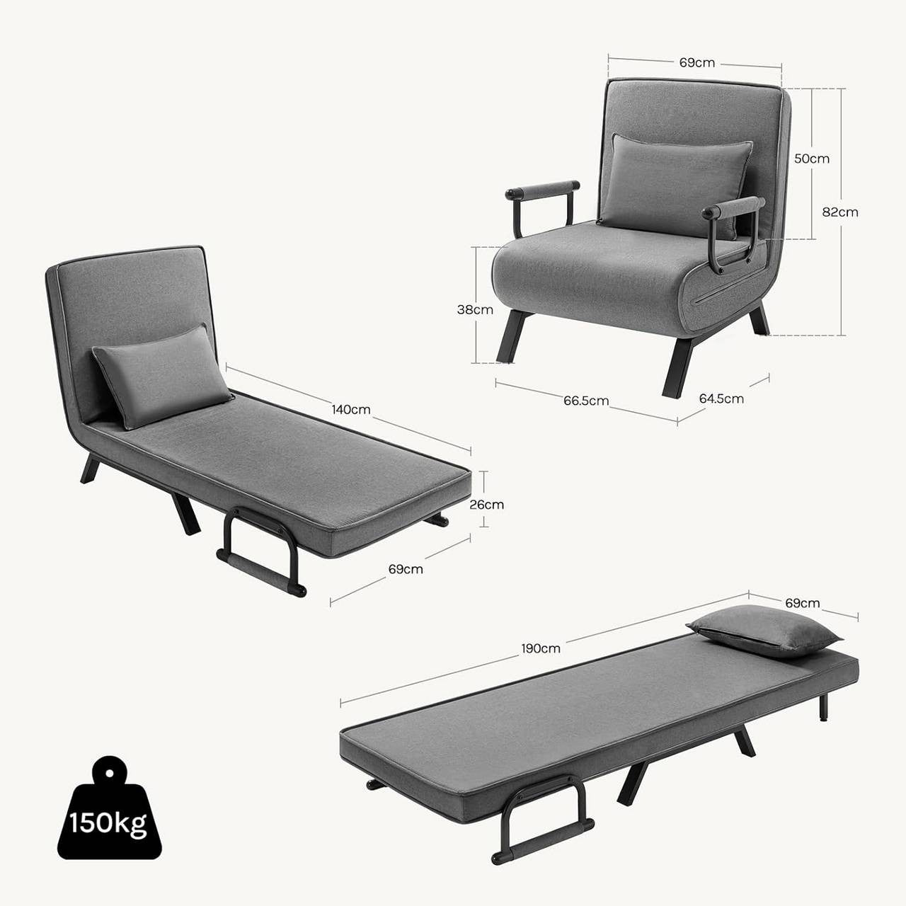24goodz 3-in-1 Convertible Sofa Bed - Adjustable Backrest - Durable Linen - For Small Spaces - Dark Grey
