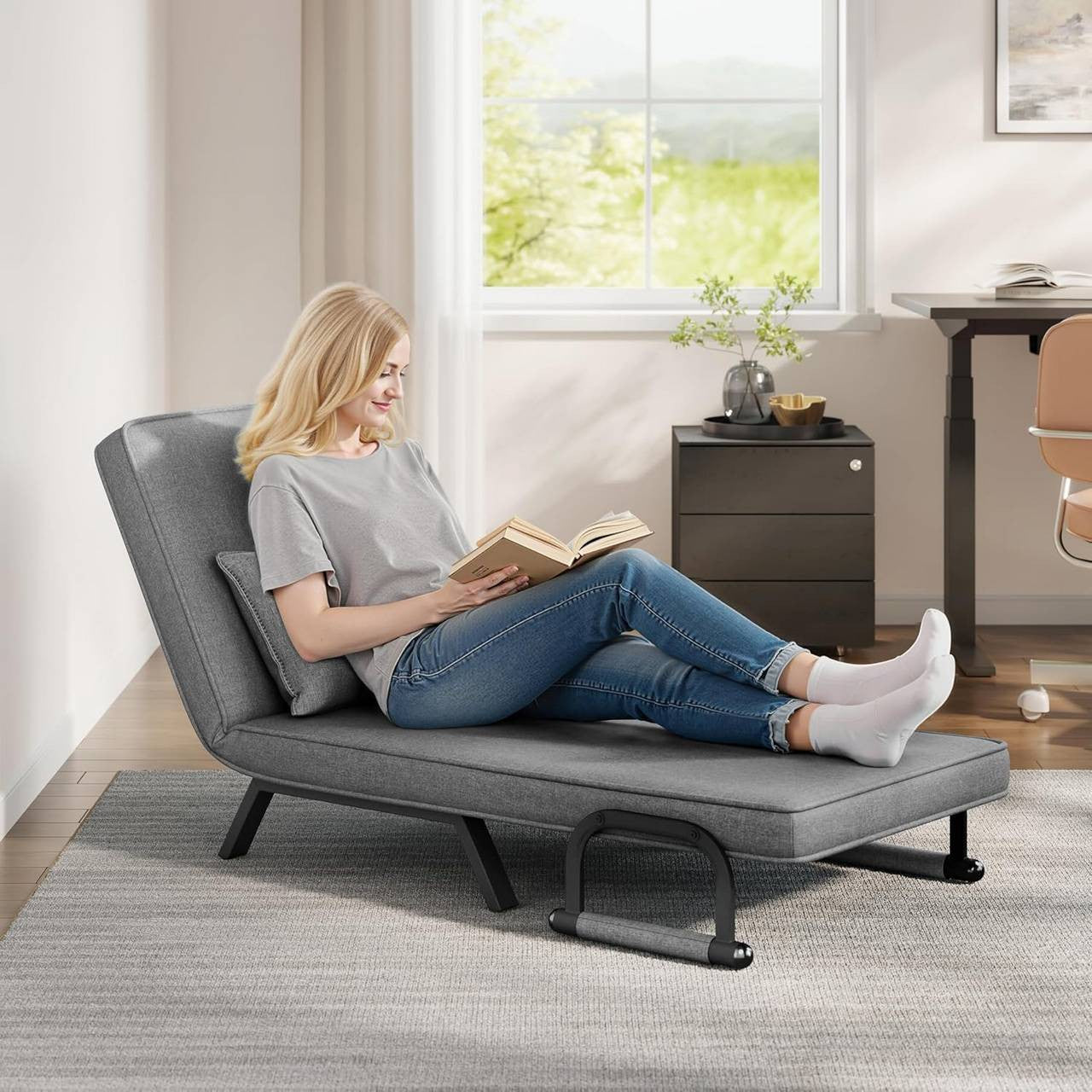 24goodz 3-in-1 Convertible Sofa Bed - Adjustable Backrest - Durable Linen - For Small Spaces - Dark Grey