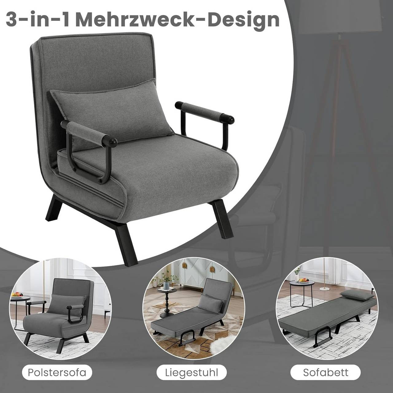 24goodz 3-in-1 Convertible Sofa Bed - Adjustable Backrest - Metal Frame - For Small Spaces - Dark Grey
