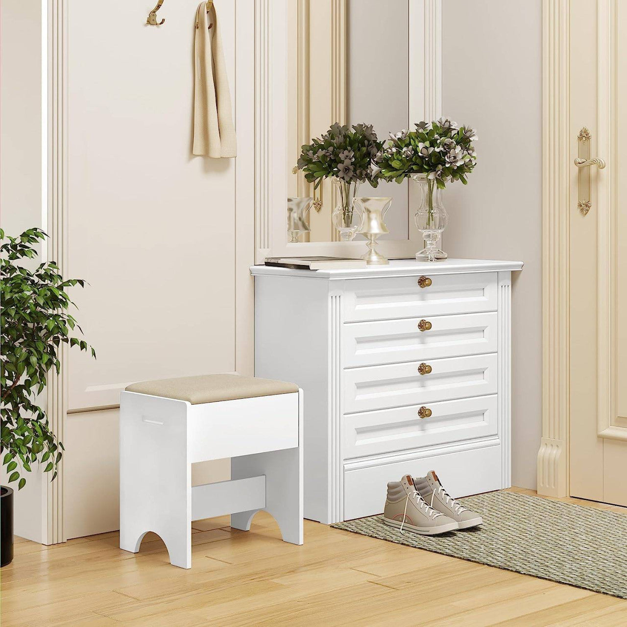 24goodz Makeup Stool - Comfortable Seating - Versatile Design - MDF - For Makeup Lovers - Beige + White