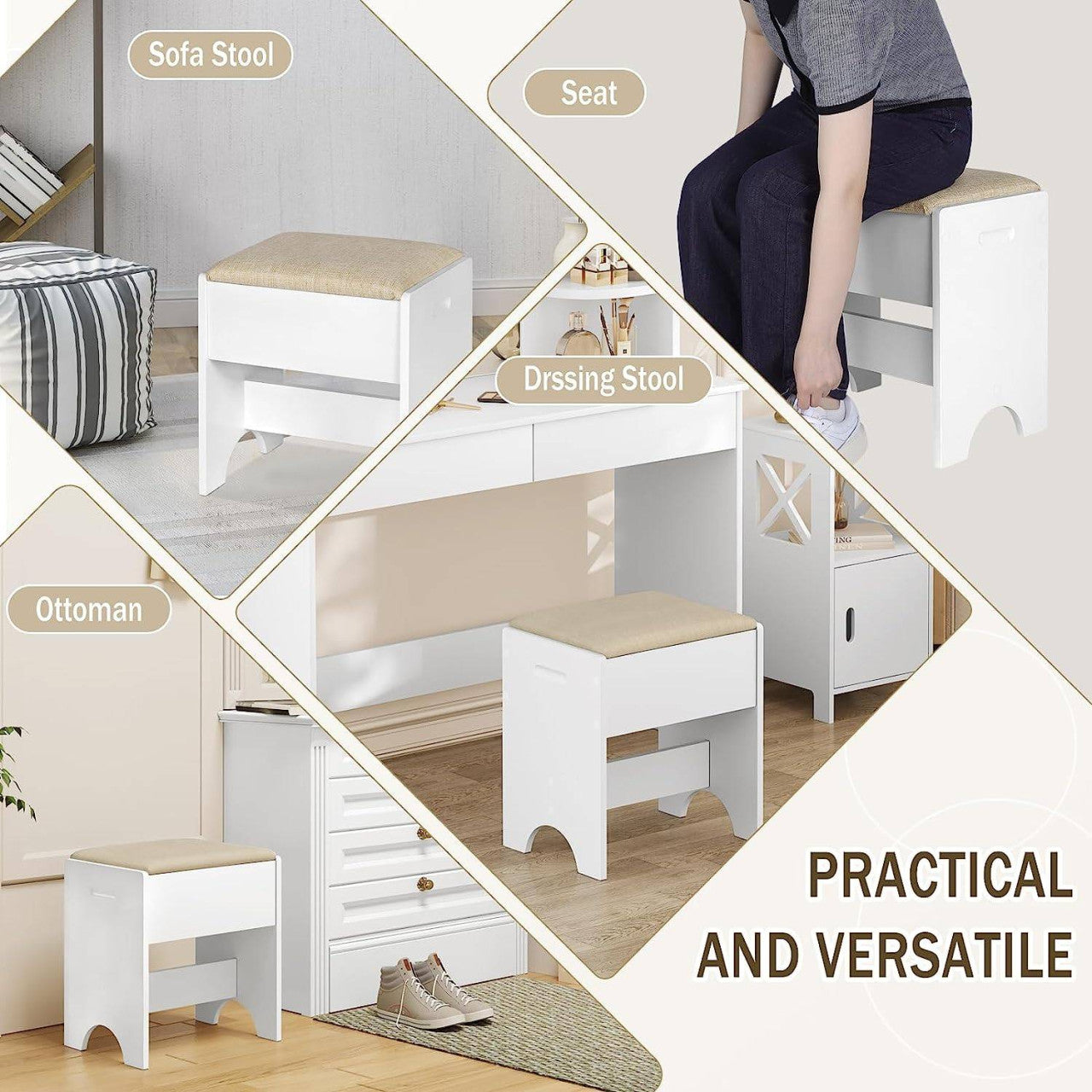 24goodz Makeup Stool - Comfortable Seating - Versatile Design - MDF - For Makeup Lovers - Beige + White