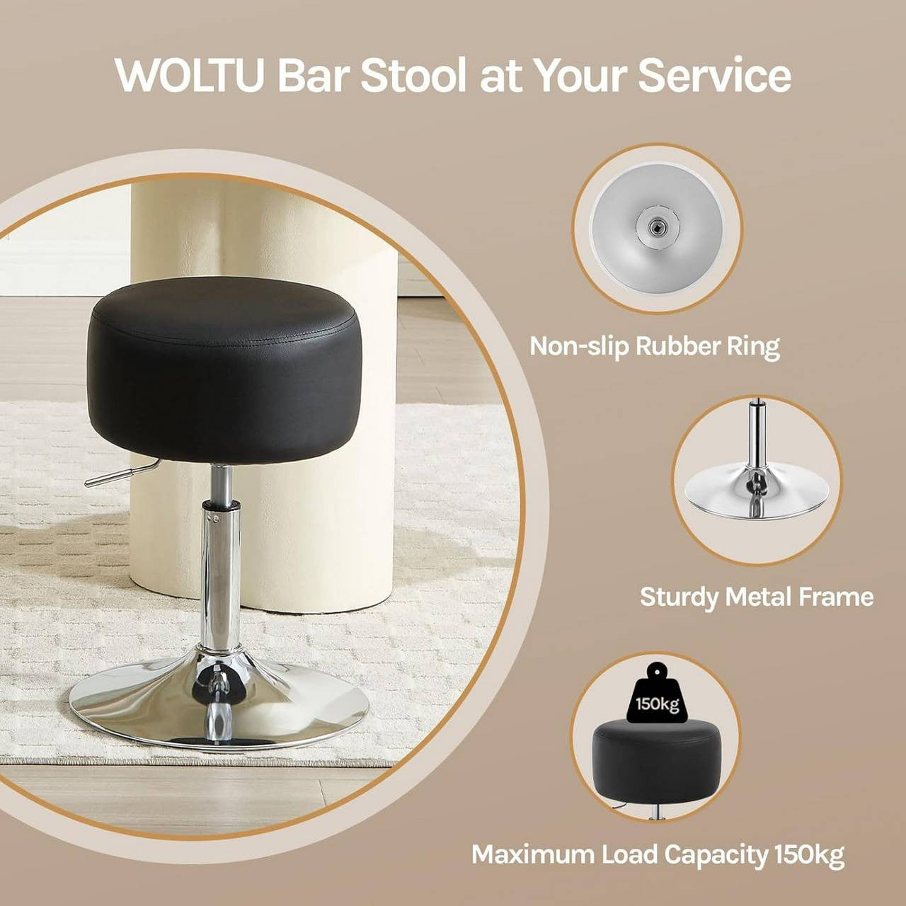 24goodz Round Make-Up Stool - Comfortable Cushioned Seat - Durable Metal Frame - Faux Leather - Black - Sz