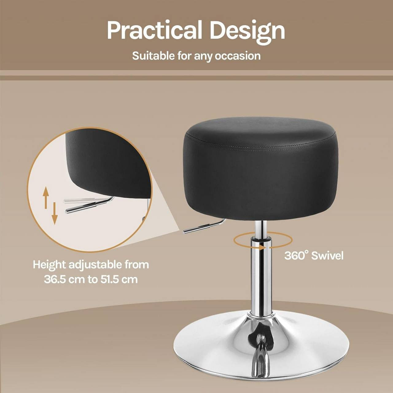 24goodz Round Make-Up Stool - Comfortable Cushioned Seat - Durable Metal Frame - Faux Leather - Black - Sz