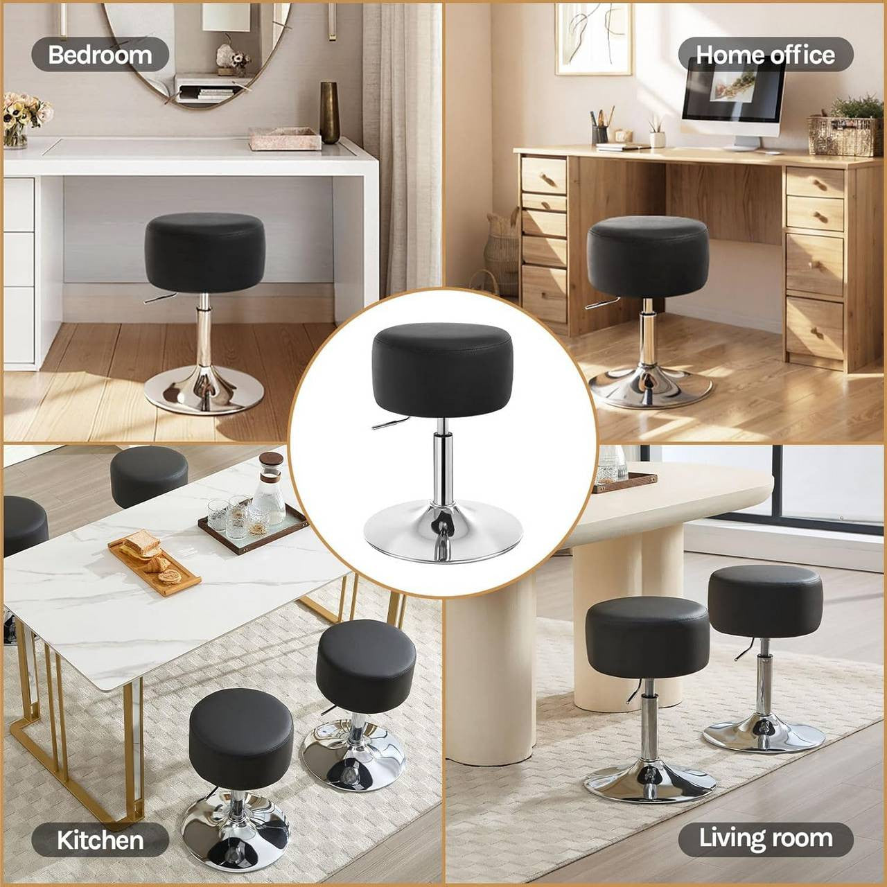 24goodz Round Make-Up Stool - Comfortable Cushioned Seat - Durable Metal Frame - Faux Leather - Black - Sz