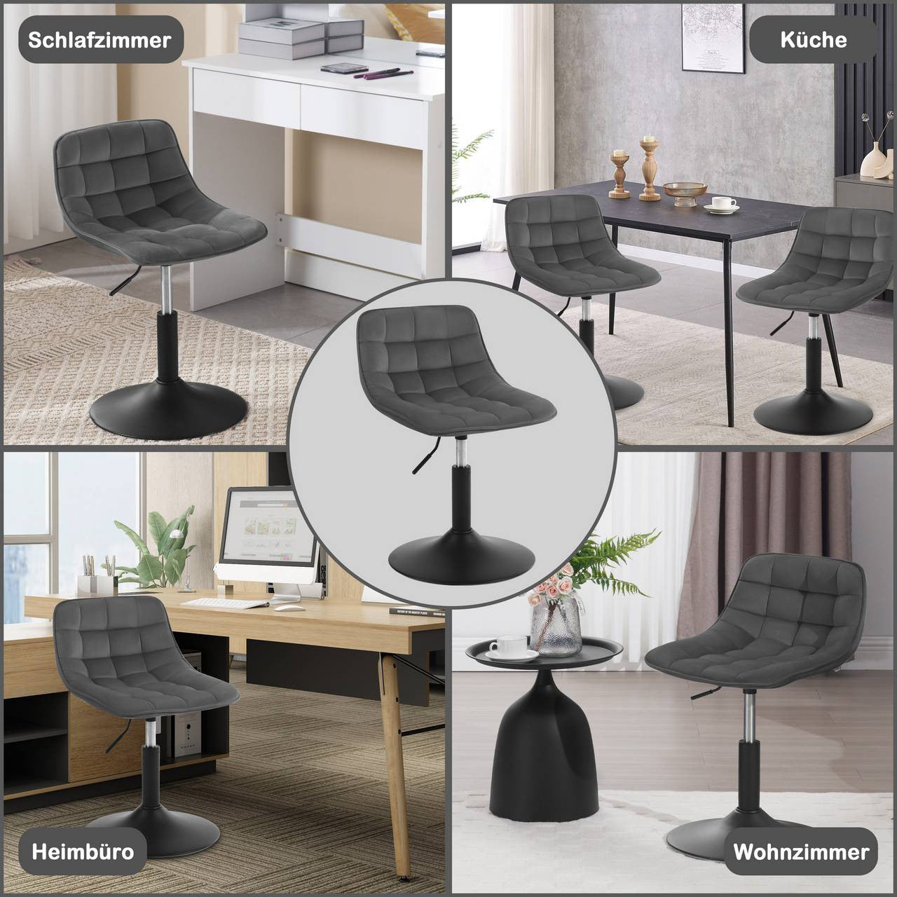 24goodz Velvet Bar Stool - Ergonomic Design - 360° Rotatable - Velvet and Metal - Dark Grey - dgr