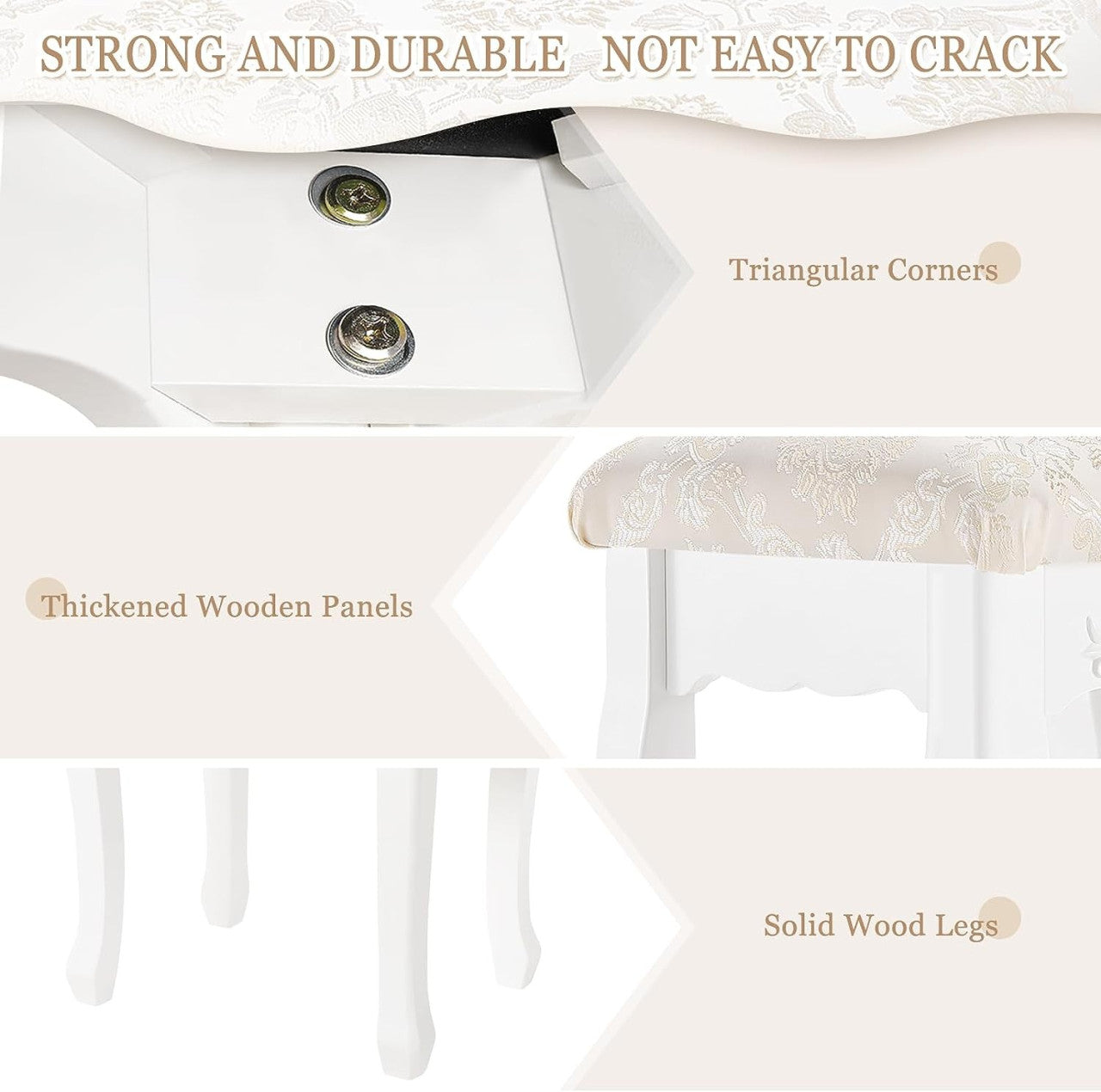 24goodz Makeup Stool - Comfortable Seating - Solid Frame - MDF + Solid Wood - White - 40 x 30 x 50 cm