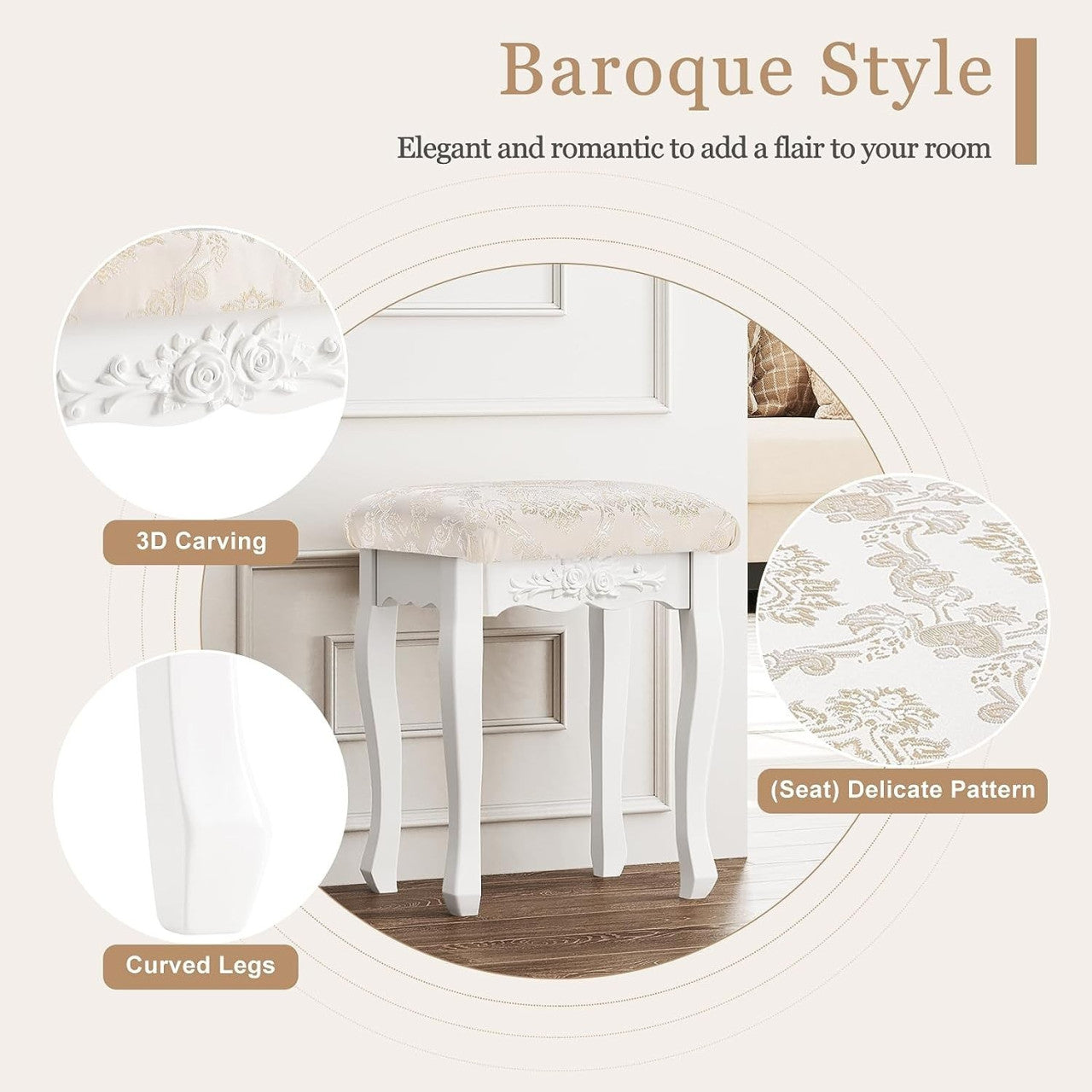24goodz Makeup Stool - Comfortable Seating - Solid Frame - MDF + Solid Wood - White - 40 x 30 x 50 cm