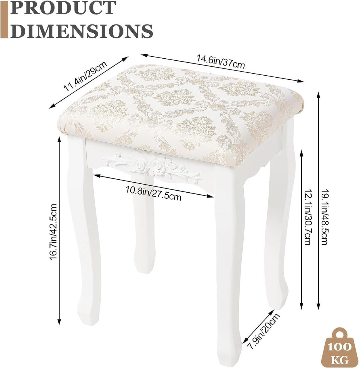 24goodz Makeup Stool - Comfortable Seating - Solid Frame - MDF + Solid Wood - White - 40 x 30 x 50 cm