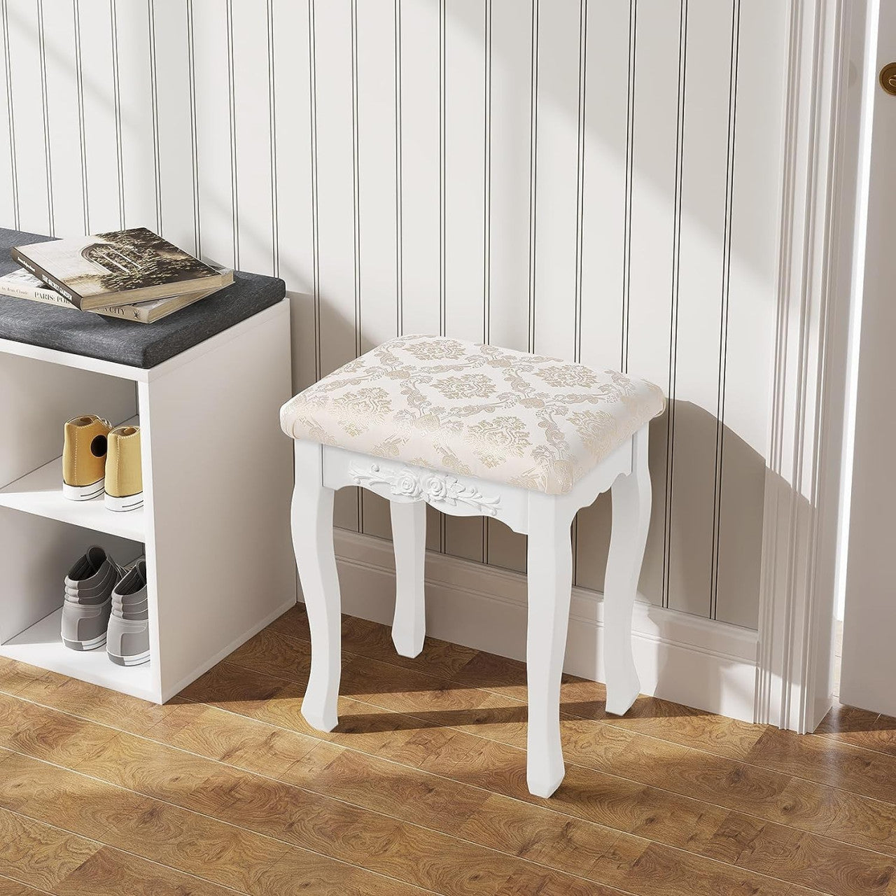 24goodz Makeup Stool - Comfortable Seating - Solid Frame - MDF + Solid Wood - White - 40 x 30 x 50 cm
