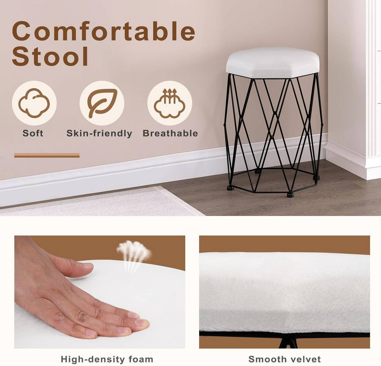 24goodz Velvet Makeup Stool - Soft and Comfortable Seating - Sturdy Metal Frame - MDF and Velvet - White + Black - 30 x 44.5 x 30 cm