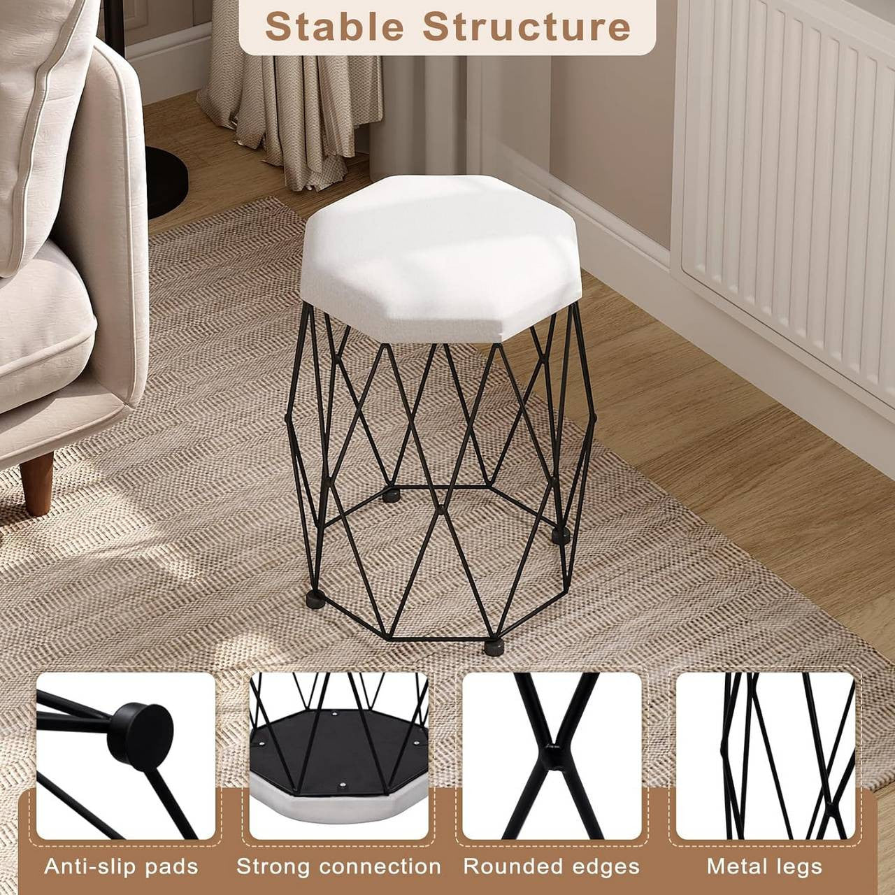 24goodz Velvet Makeup Stool - Soft and Comfortable Seating - Sturdy Metal Frame - MDF and Velvet - White + Black - 30 x 44.5 x 30 cm