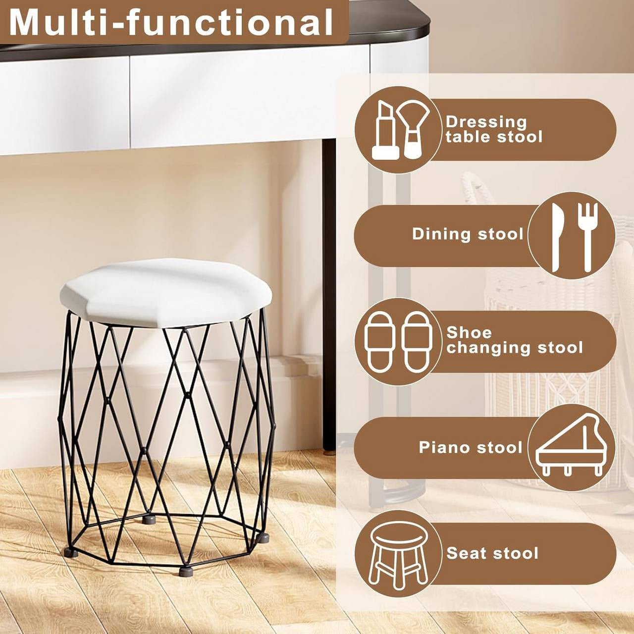 24goodz Velvet Makeup Stool - Soft and Comfortable Seating - Sturdy Metal Frame - MDF and Velvet - White + Black - 30 x 44.5 x 30 cm